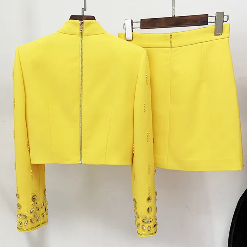 HKSH Women Luxury Two-piece Set Studded Diamonds Long Sleeves Short Top A-line Mini Skirt Elegant High-end Ins New Spring HK5809