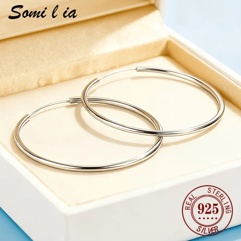 SOMILIA Hot Gift S925 Sterling Silver Oversize Simple Hoop Earrings for Women Round Circle Ear Cuff Korean Style Jewelry Party