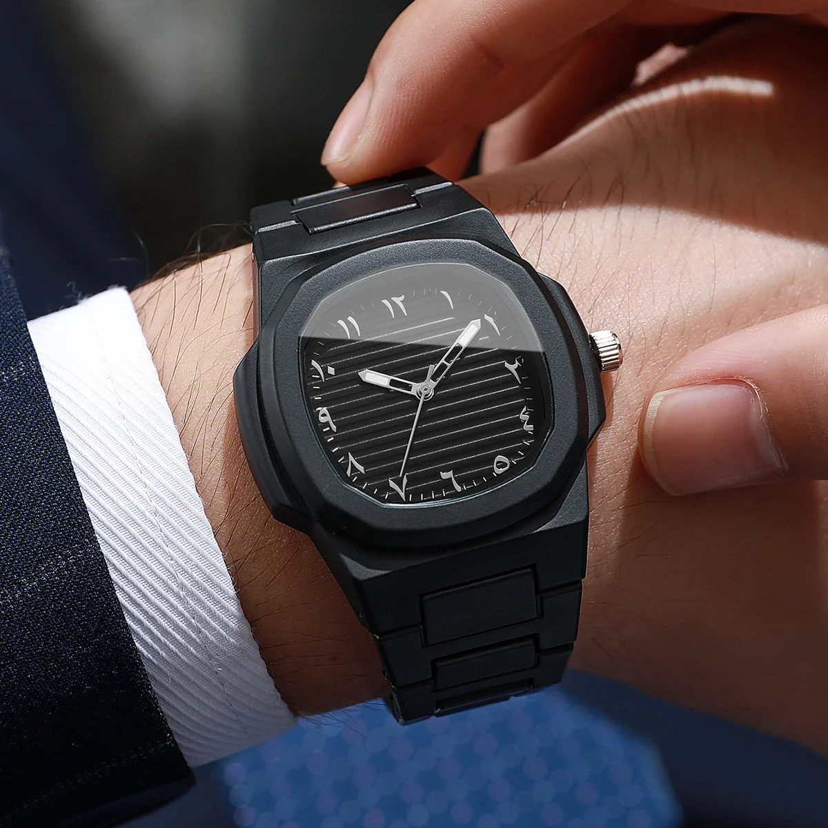 Men Black Octagon Watch Arabic Numeral Dial Plastic Band Casual Sport Quartz Wristwatch