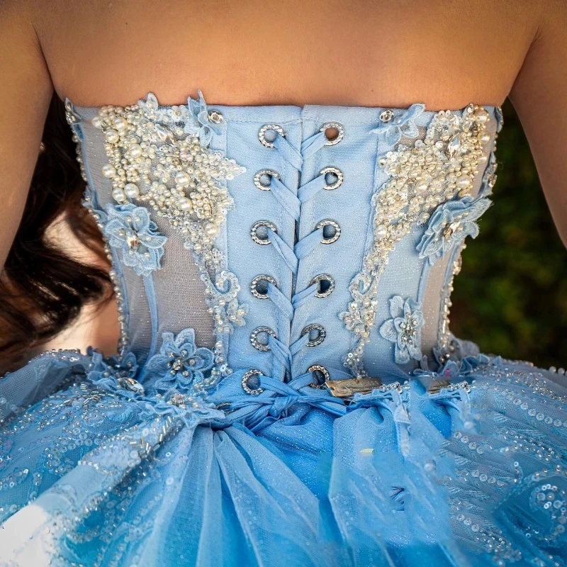 Sky Blue Sweetheart Quinceanera Dress Off Shoulder Princess Prom Ball Gown Sweet 16 XV Years Old Beads Lace Birthday Pageant