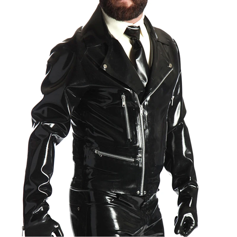 Black Sexy Latex Jacket With Decoration And Cuffs Zippers Turn Down Collar Rubber Coat Without Gloves YF-0422