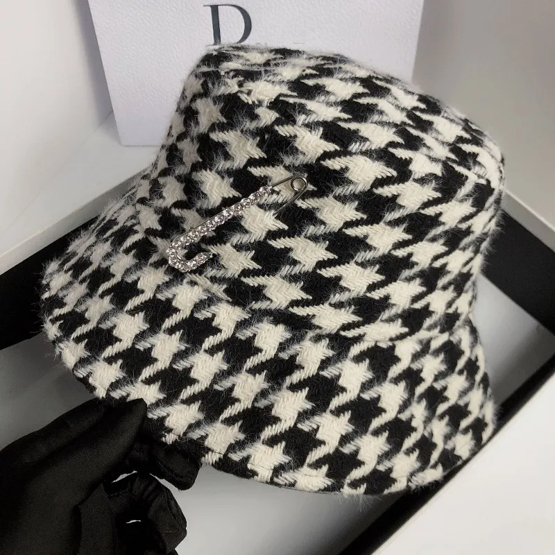 

Double Layer Wool Bucket Hat Women Houndstooth Rhinestone Pin Korean Vintage Style Winter Warm Luxury Beret Free Shipping​​