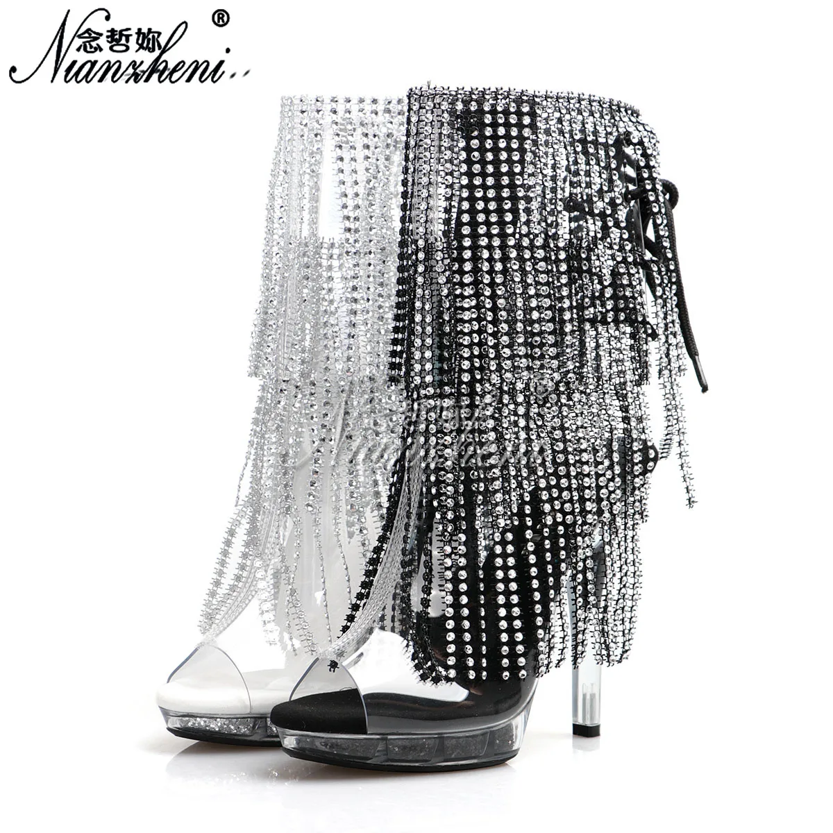 Exotic Dancer shoes Stripper fringe Peep Toe 5inch High Heels Ankle Boots 13cm Platform transparent crossdresser Gothic show New