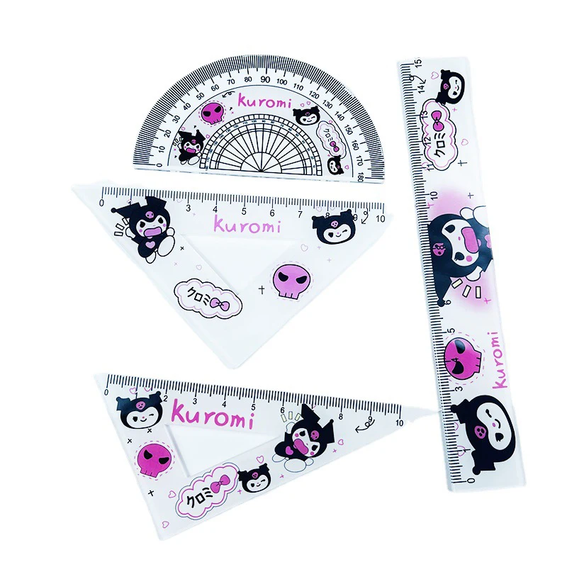 4Pcs/Set Sanrio Ruler Set Cartoon Kuromi Cinnamoroll Acrylic Ruler Set Triangle Straight Edge Round Ruler Student Stationery