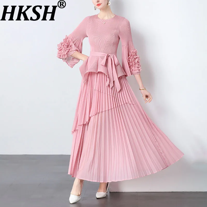 

HKSH Новый летний женский комплект из двух предметов с круглым вырезом и рюшами на манжетах, топы из бисера, асимметричный плиссированный дизайн, элегантная темпераментная юбка HK10600