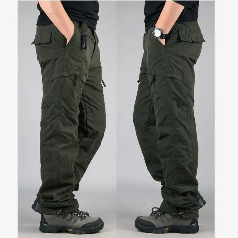 Winter Thickened Baggy Cargo Pants Men Brushed Warm Fleece Trousers Overalls Multi-pocket Straight Slacks Men's Clothing Bottoms