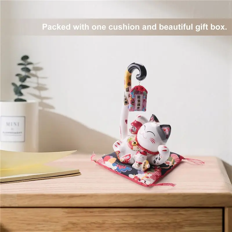 A44I-8.6 Inch Maneki Neko Lucky Cat Money Box Coin Bank Japanese Long Tail Fortune Cat Feng Shui Home Decor