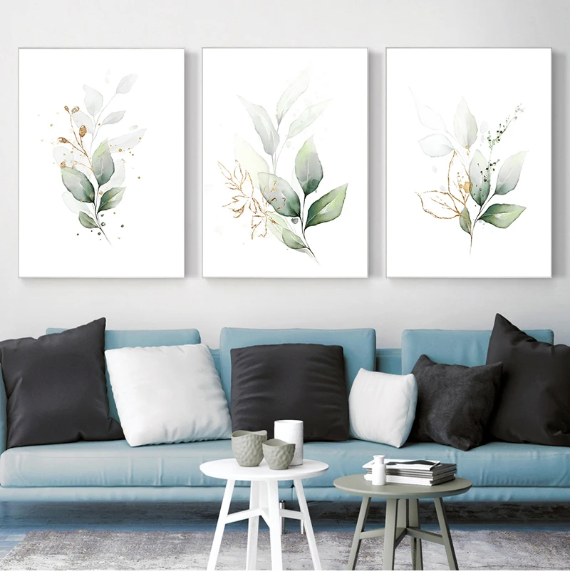 Bohemia Green Leaves Golden Floral Botanical Wall Art Canvas Paintings Poster Print Pictures For Living Room Kitchen Home Decor