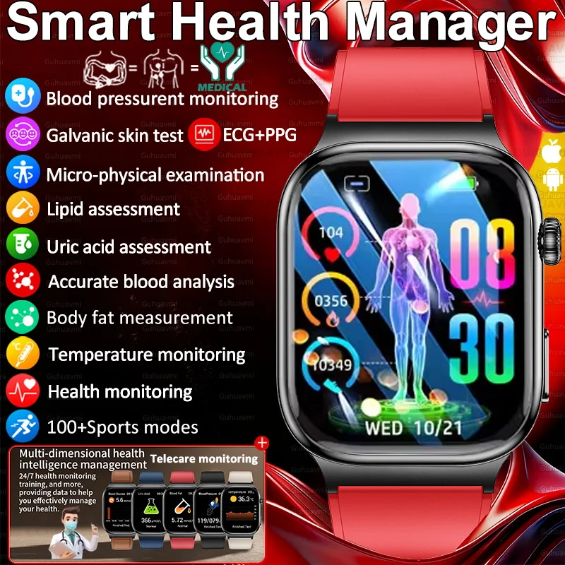 New Accurate Galvanic SkinTest Smart Watches Blood oxygen BP Uric Acid Blood lipid ECG+PPG Tracker Health watches for Man Women