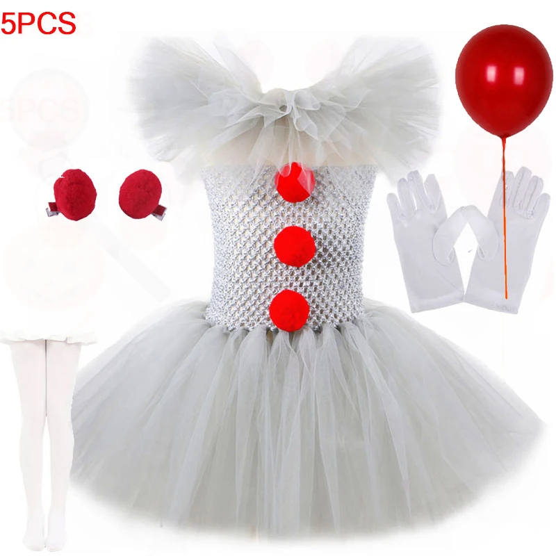 

2024 Halloween Clown Dress Girls Gray Joker Cosplay Costume Tutu Dress Creepy Clown Kids Carnival Party Cosplay Tulle Dresses