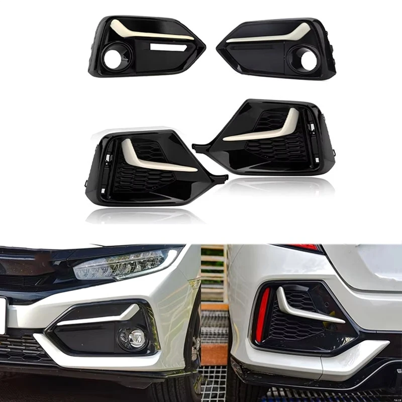 1 Set 4Pcs Front Rear Fog Lamp Light Trim Frame Shell Cover Bezel Rear Bumper Grill For Honda Civic 2016-2021