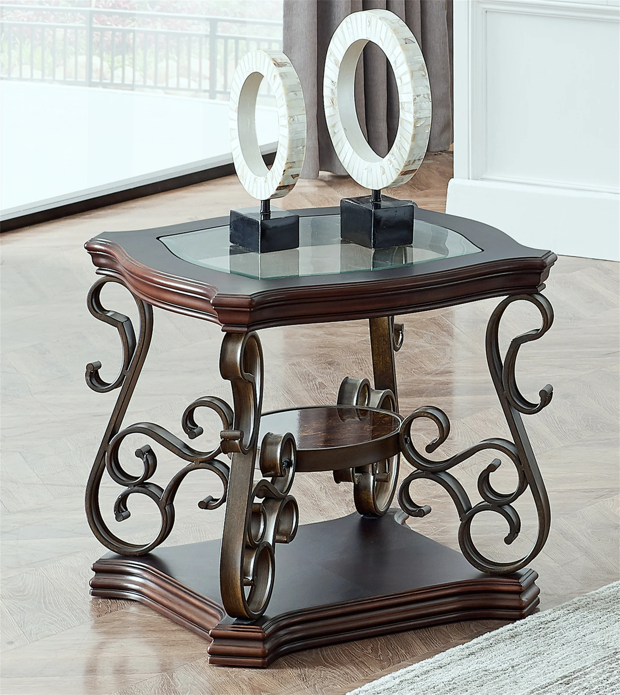 End table Glass table top MDF W/marble paper middle shelf powder coat finish metal legs(26.3