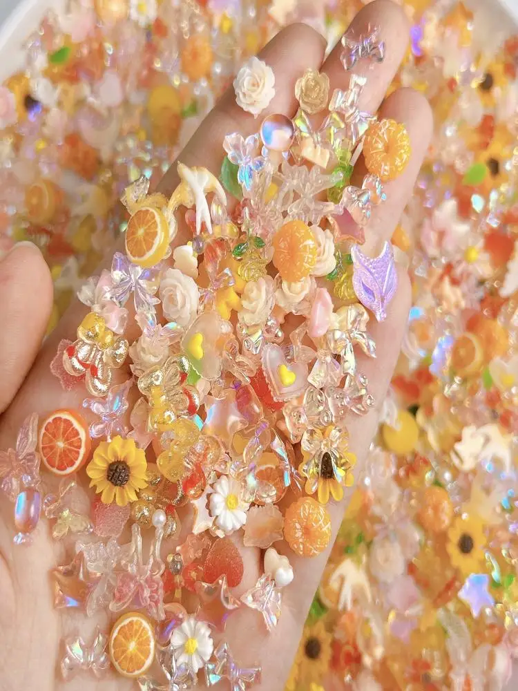 Décoration d'ongles Orange mixte aléatoire, résine, plusieurs Styles, fleurs, nœuds, ours, Oranges, breloques pour ongles, fournitures pour manucure, bricolage