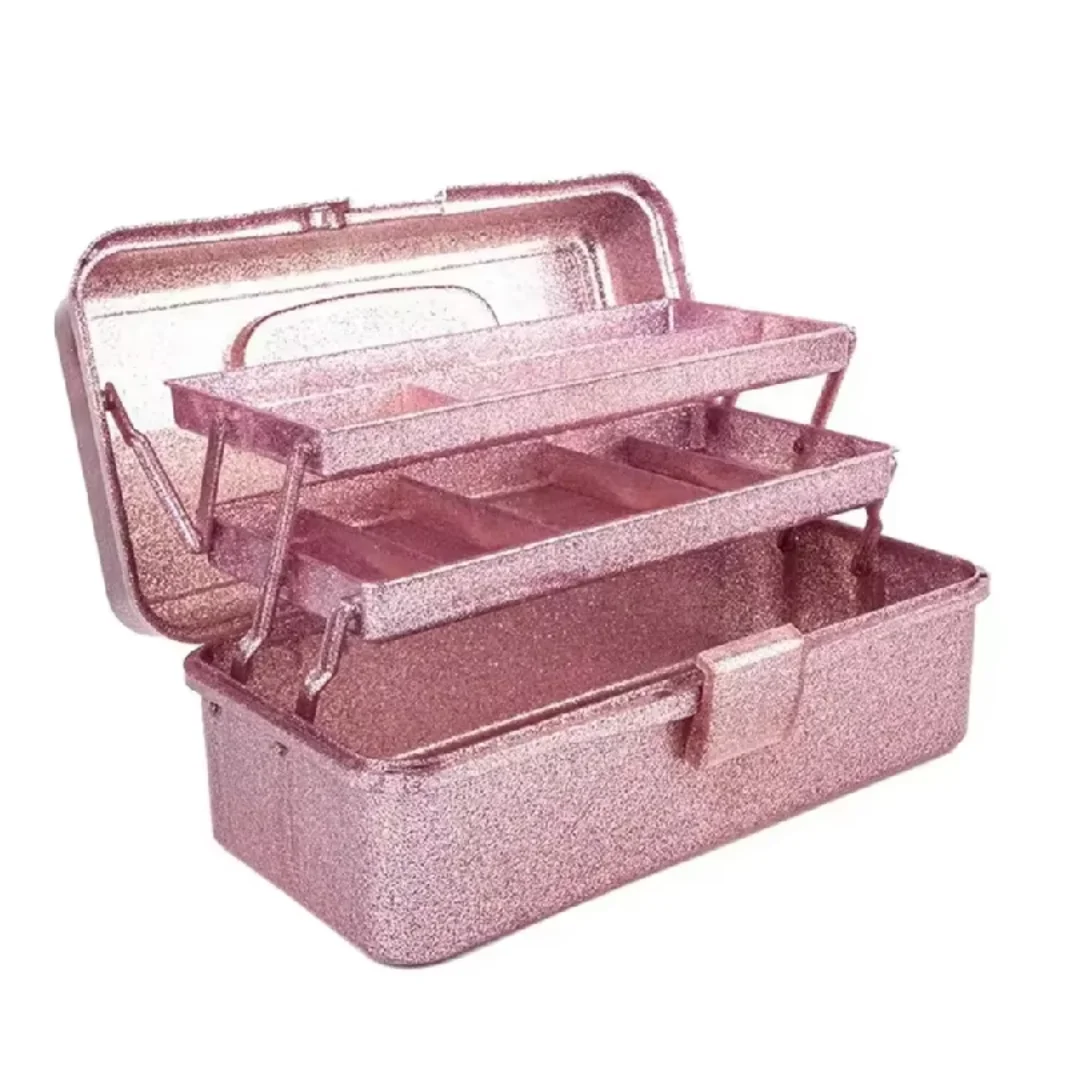 Glitter Pink & Craft Tool Storage Box,3-Layer Stackable Carry Tackle Box Sewing Box Organizer For Art