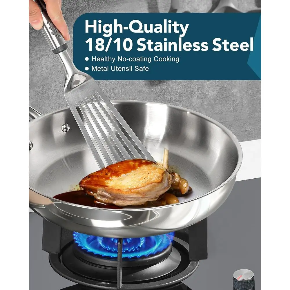 Juego de sartenes para freír de acero inoxidable de triple capa, 8, 9,5 y 11 tamaños, mango ergonómico, listo para inducción