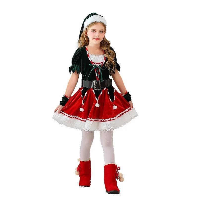 Christmas Cosplay Costumes Santa Claus Cute Striped Mesh Dress Hat Belt Suit Holiday Theme Party Role Playing Outfits for Girls
