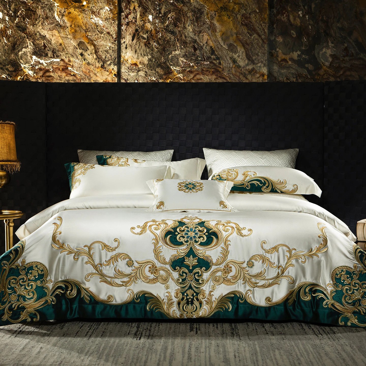 Juego de Ropa de Cama de Lujo Europeo de 4/6/7 Piezas con Bordado Dorado Real, Magnífico Juego de Brocado de Algodón Egipcio con Funda de Edredón, Sábanas y Fundas de Almohada