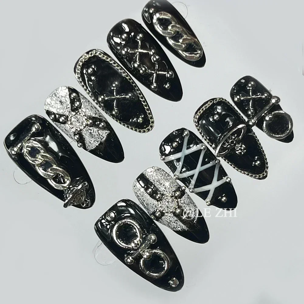 

Metal Chain Dark Gothic Almond Press On Nail Art Silver Streak Decoration Handwork Detachable Fake Nails Presson Girl Party Gift
