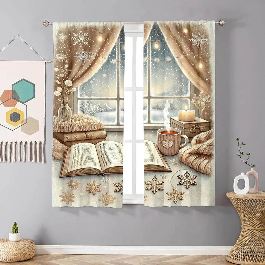 2PCS Digital Print Curtains, Cozy Window Coffee Cup Christmas Pattern, Warm Hygge Style for Xmas Holiday Season Home Decor