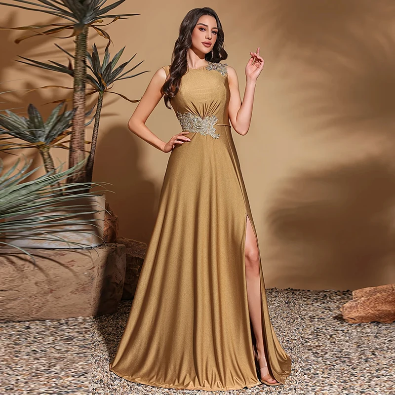 Gold Sleeveless Evening Gown with Lace Appliques High - Slit Satin Prom Dress for Wedding Guest Dress Elegant Formal Party Dress