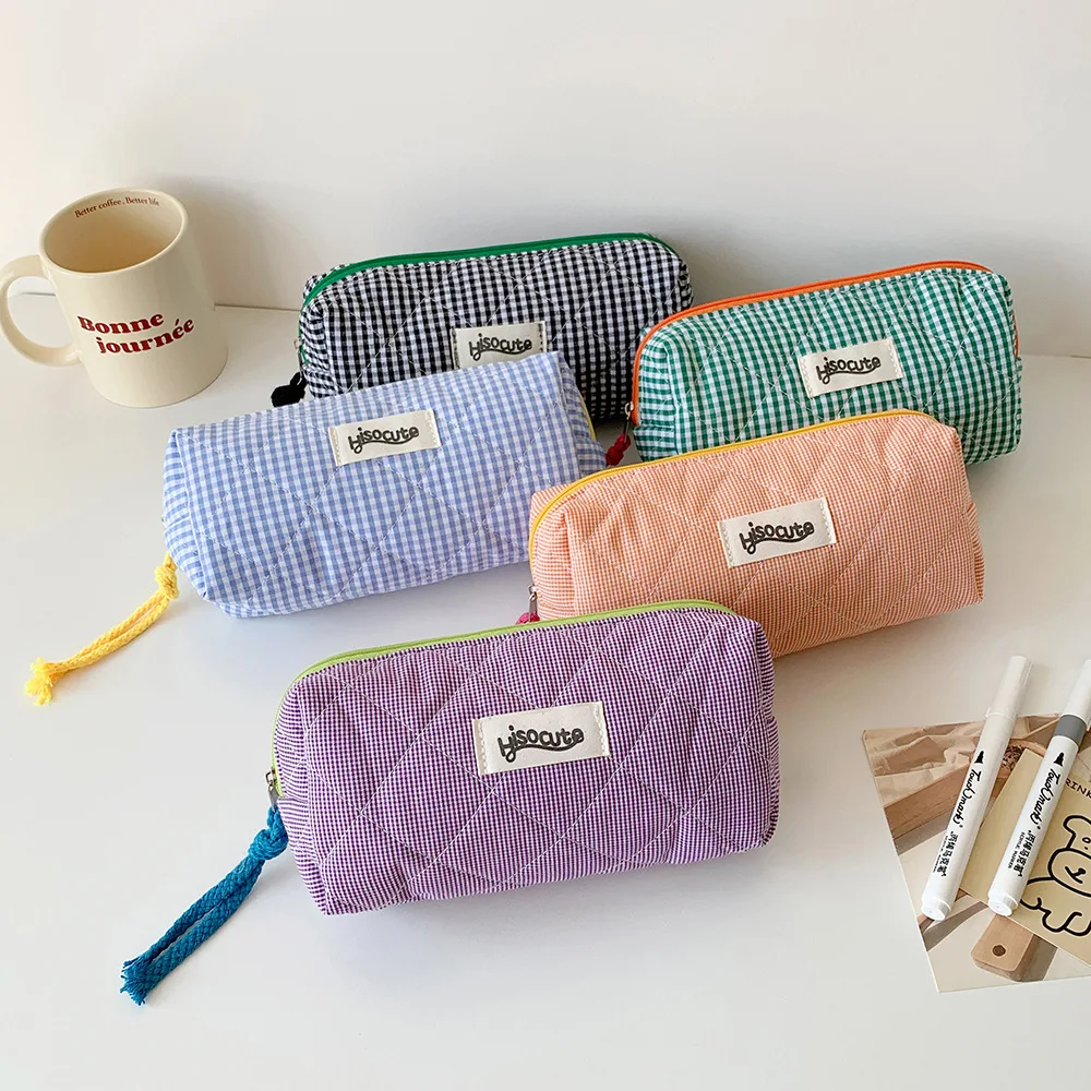 Student Color Blocking Kariertes Federmäppchen Mädchen Briefpapier Tasche Make-up Pinsel Halter Make-up Tasche Frauen Kosmetiktasche Münzgeldbörse – Detail 5
