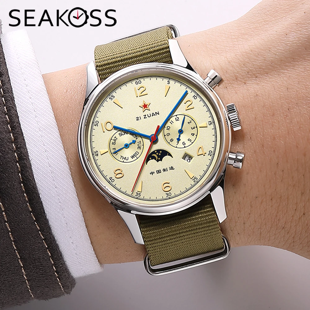 SEAKOSS Automatic Mechanical Wristwatch 1963 with Seagull ST1654 Movement 24H-Hour Display Air Force Pilot Calendar Mens Watches