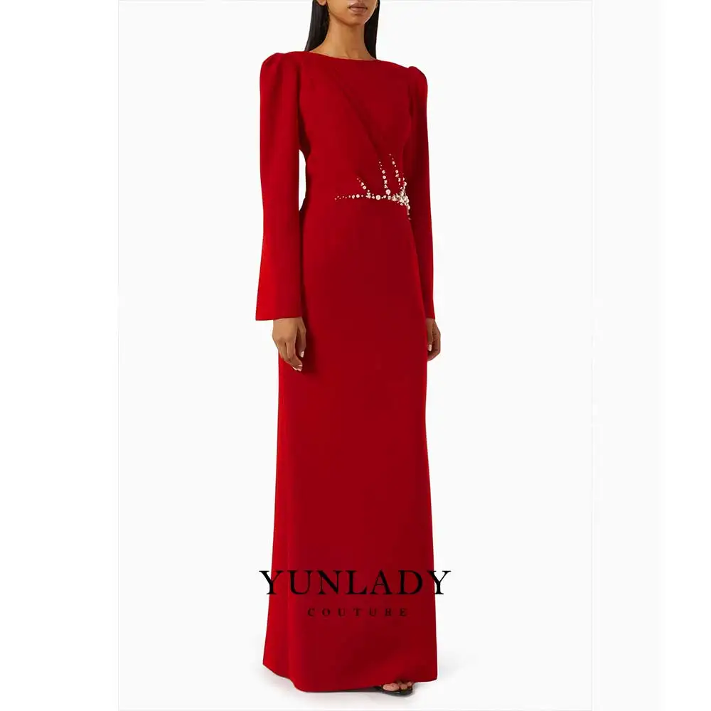 

YUNLAN Luxury Dubai Arabic Red Mermaid Evening Dress With Beaded 2026 Customized Long Sleeves Wedding Party Dress for Women