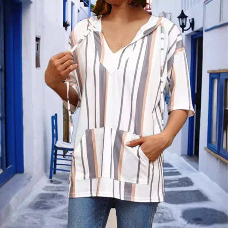 تي شيرت Laid-ba Loose Feeling للنساء ort Sve تي شيرت قاعدة منزلية irt ket بقلنسوة وسلسلة علوية غير رسمية