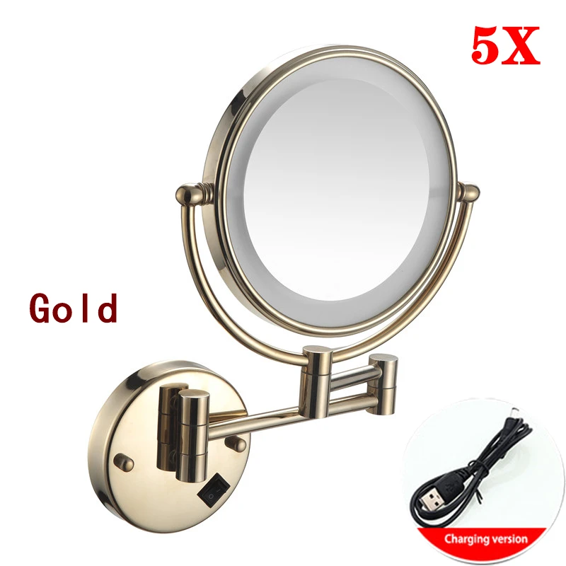 Rose Gold Led Opvouwbare Badkamerspiegel Wandmontage Verlichte Home Hotell Badkamer Make-upspiegel 5X Vergrotende Plug Badspiegels