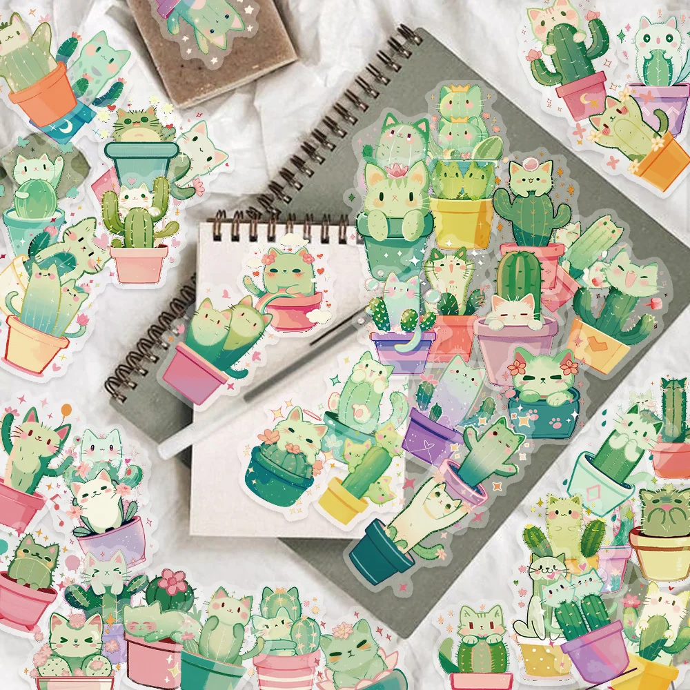 50PCS Nette Cartoon Grüne Katze Kaktus PET Aufkleber Spaß Kreative Kunst Dekoration Sammelalbum Telefon Fall Wasser Tasse Laptop Aufkleber