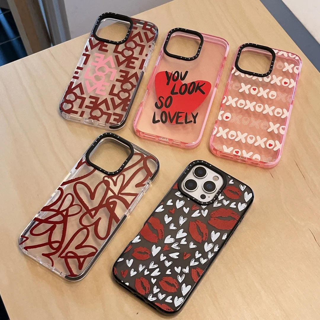 

Cute Cartoon Love Heart lips Lettering Phone Case For iPhone 17 Pro Max 11 12 13 14 15 16 Plus Pro Case Anti-drop Cover