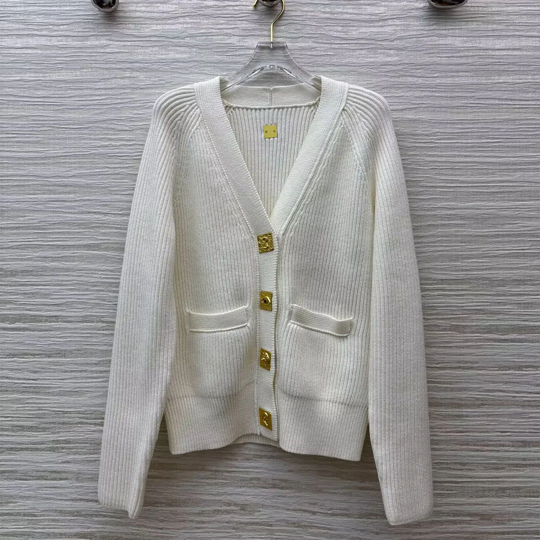 

New Autumn Novelty Fashion Square Gold Buckle Cadiagns Sweater Women Women V-neck Long Sleeve Solid Streetwear Vintage Knitwear