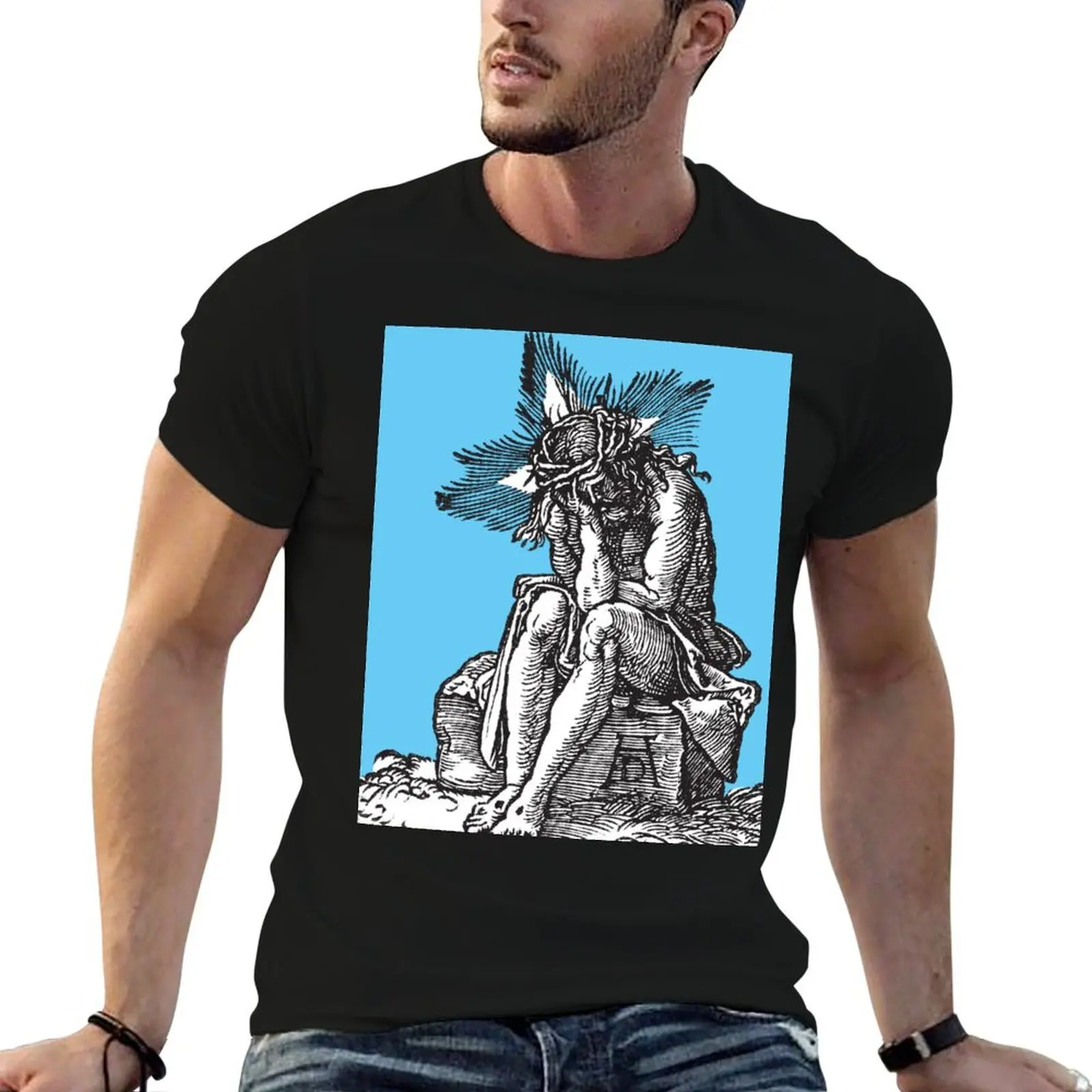 

Jesus Christ The Man of Sorrows seated Small Passion Albrecht Durer engraving 1511 Retro bright cyan blue HD High Qualit T-Shirt