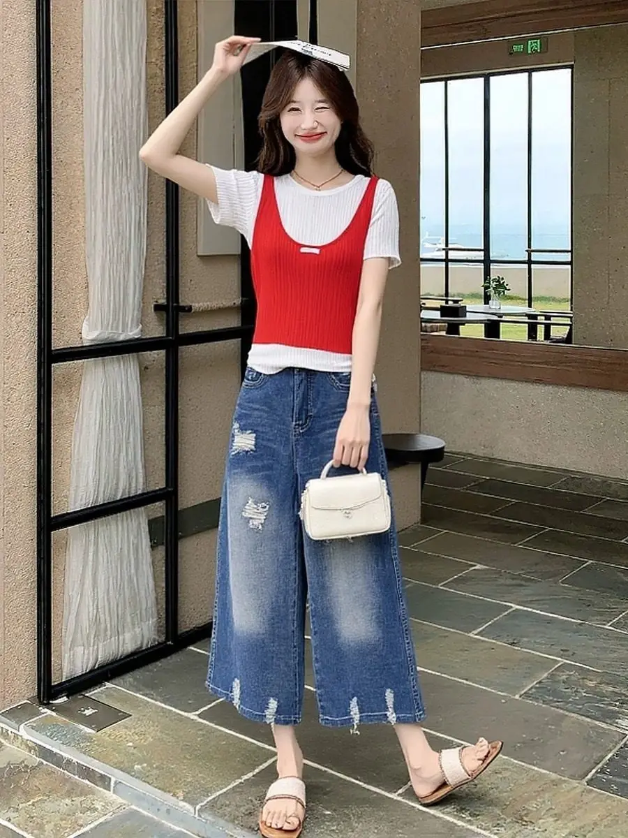 

High Waist Wide Leg Jeans Two Piece Set Korean Style Summer Fashion Red White Top And Denim Pants Commute Outfit Casual Look
