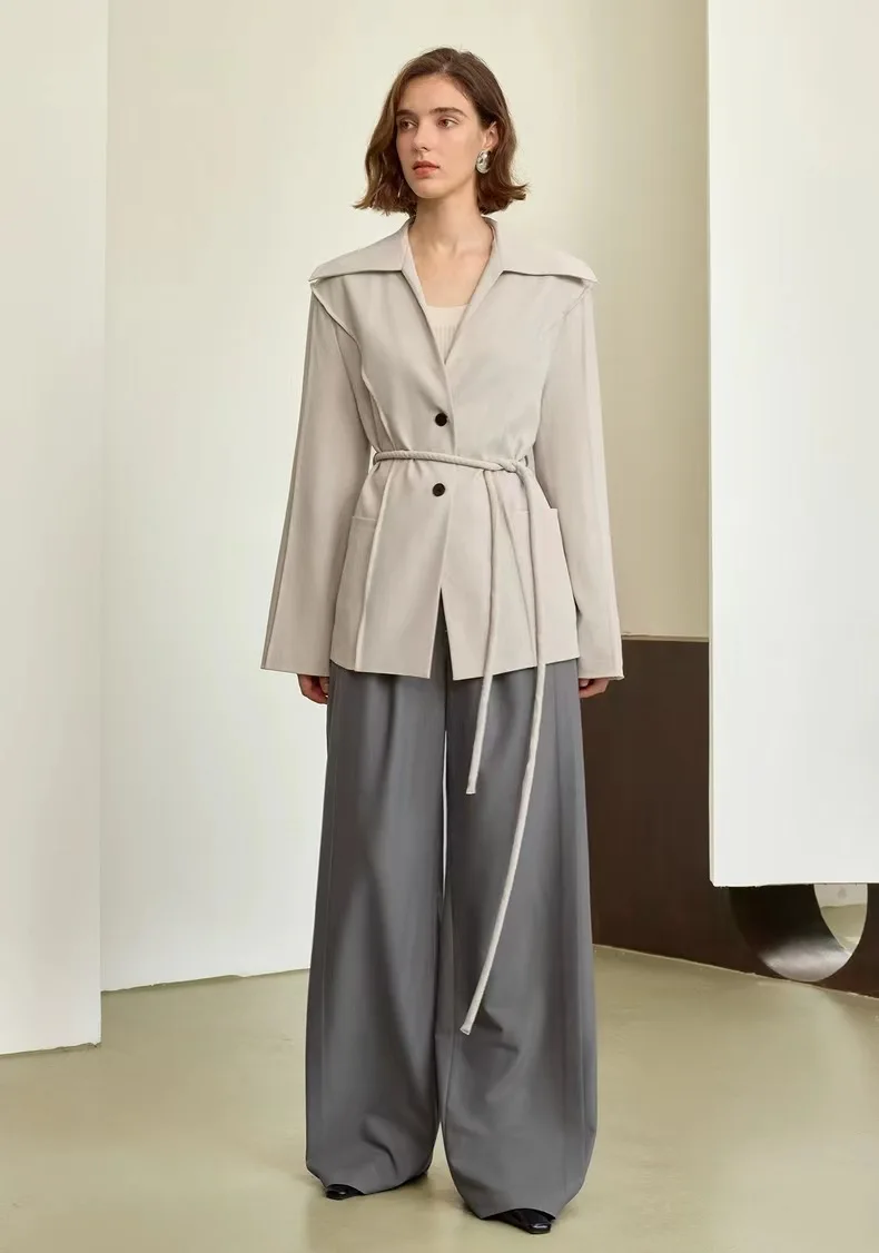 Autumn Women's Loose-Fit Blazer Coat with Waist Drawstring Tailored Sailor collar Long Sleeve Solid Color Blazer for Office