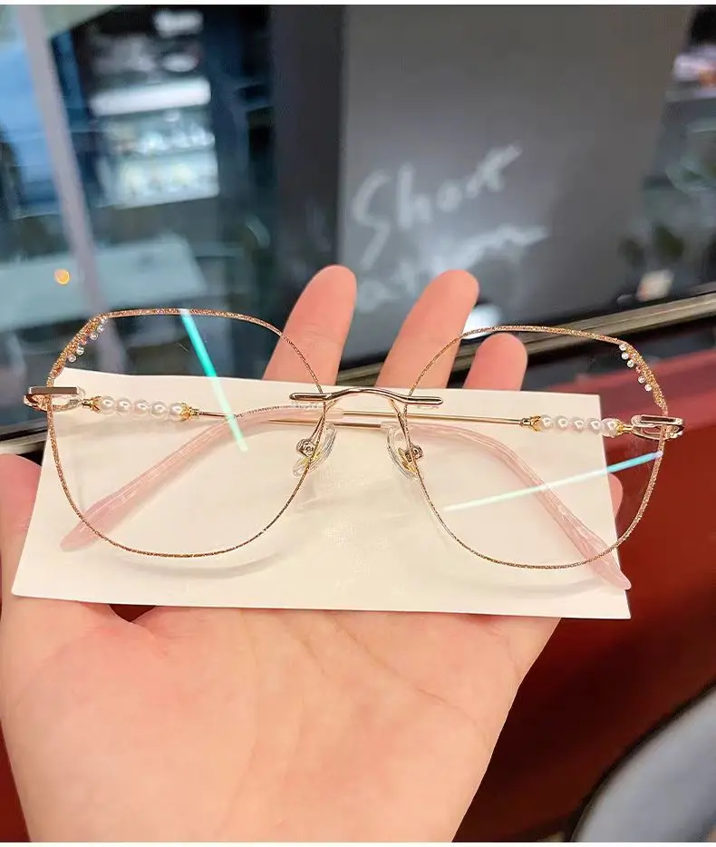 Diamantbesetzte, ultraleichte, rahmenlose Lesebrille, modisch und hochauflösend, Anti-Blaulicht und Anti-Strahlung – Detail 5