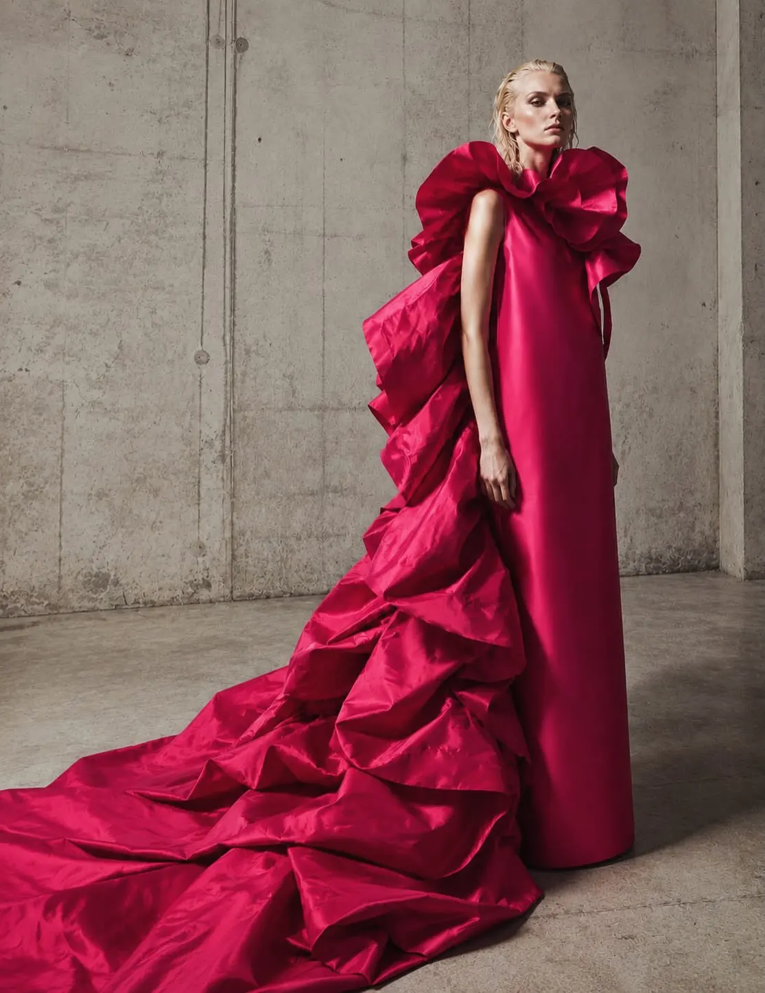 Magenta Fuchsia Ruffle Dress for Women Asymmetric Maxi Gown with Train, Silk Satin Sleeveless Party Dress Elegant Layered Ruffle