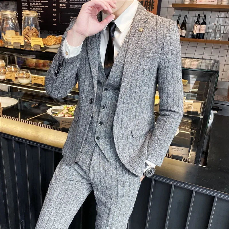 Boutique (Blazer + Vest + Trousers) Fashion Business Casual Gentleman Men\'s Italian Style Elegant Striped Slim Fit 3-Piece Set