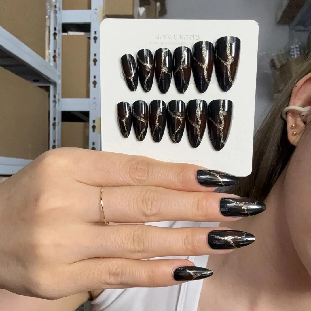 24Pcs/Box Sweet Edgy Almond Press on Nail Art Removable Acrylic False Nails Tips SpicyGirl Autumn Winter Wearable Fake Nails Set