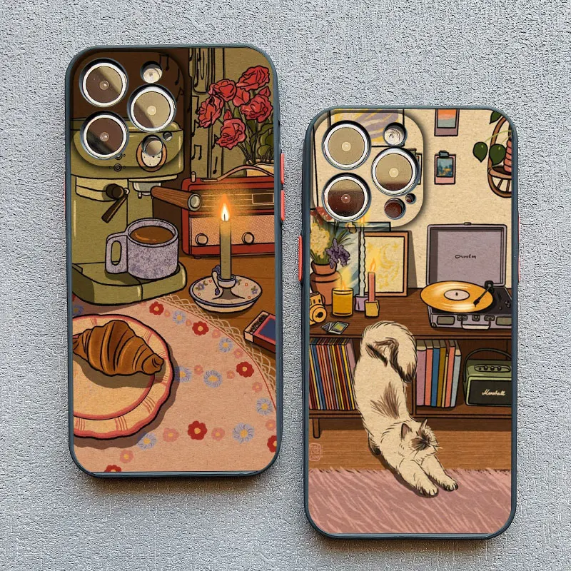 

Vintage INS Sleepy Cat & Home Furnishings Artistic Phone Case For iPhone 16 15 14 Pro Max Plus 11 12 13 Mini Pro Max XR X Covers