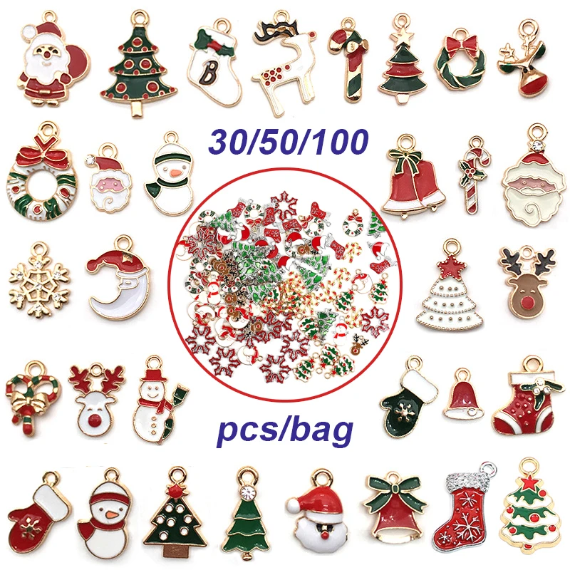 

100pcs Mixed Enamel Charms New Year Christmas Ornaments Pendants for Jewelry Making Diy Bracelet Earrings Xmas Tree Decor Gift