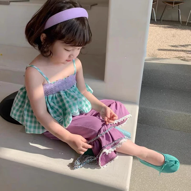 

Baby Clothes Suit Girls Fashion Kids Outfit 2025 Summer New Girls' Clothing Sets Cute Plaid Top Camisole + Flared Pants Toddler