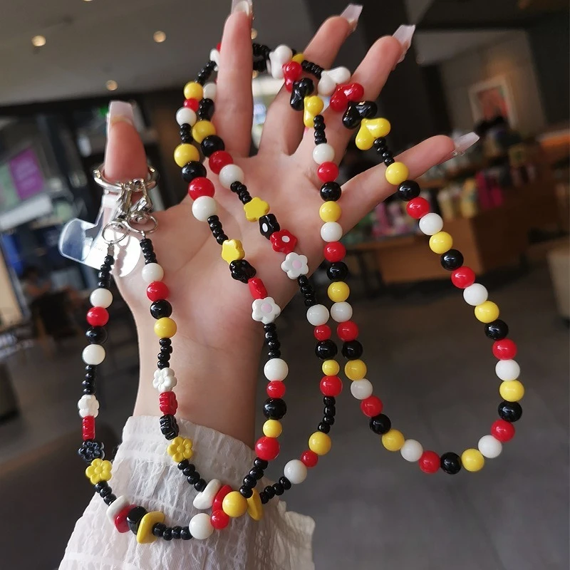 

Boho Rainbow Color-Blocked Phone Strap Multicolor Handwoven Seed Beads To Prevent Loss Choker Necklace String Phone Accessories
