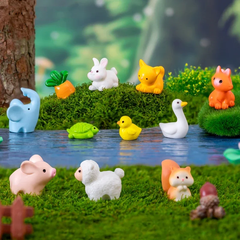 10Pcs Cute Animals Micro Figurine Rabbit Sheep Duck Pig Cat Horse Frog Turtle Snake Koala Mini Ornament Garden Decor Accessories