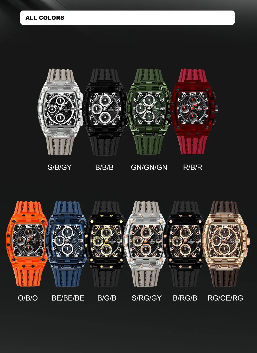 NAVIFORCE Sports Rectangular Watches Large Dial Casual Luminous Quartz Watch Silicone Bands Military Wristwatches with Auto Date