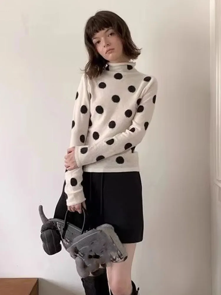 2026 Women Vintage Polka Dot Print Turtleneck Long Sleeve Top Autumn Winter Slim Fit Elegant Basic Undershirt Outside