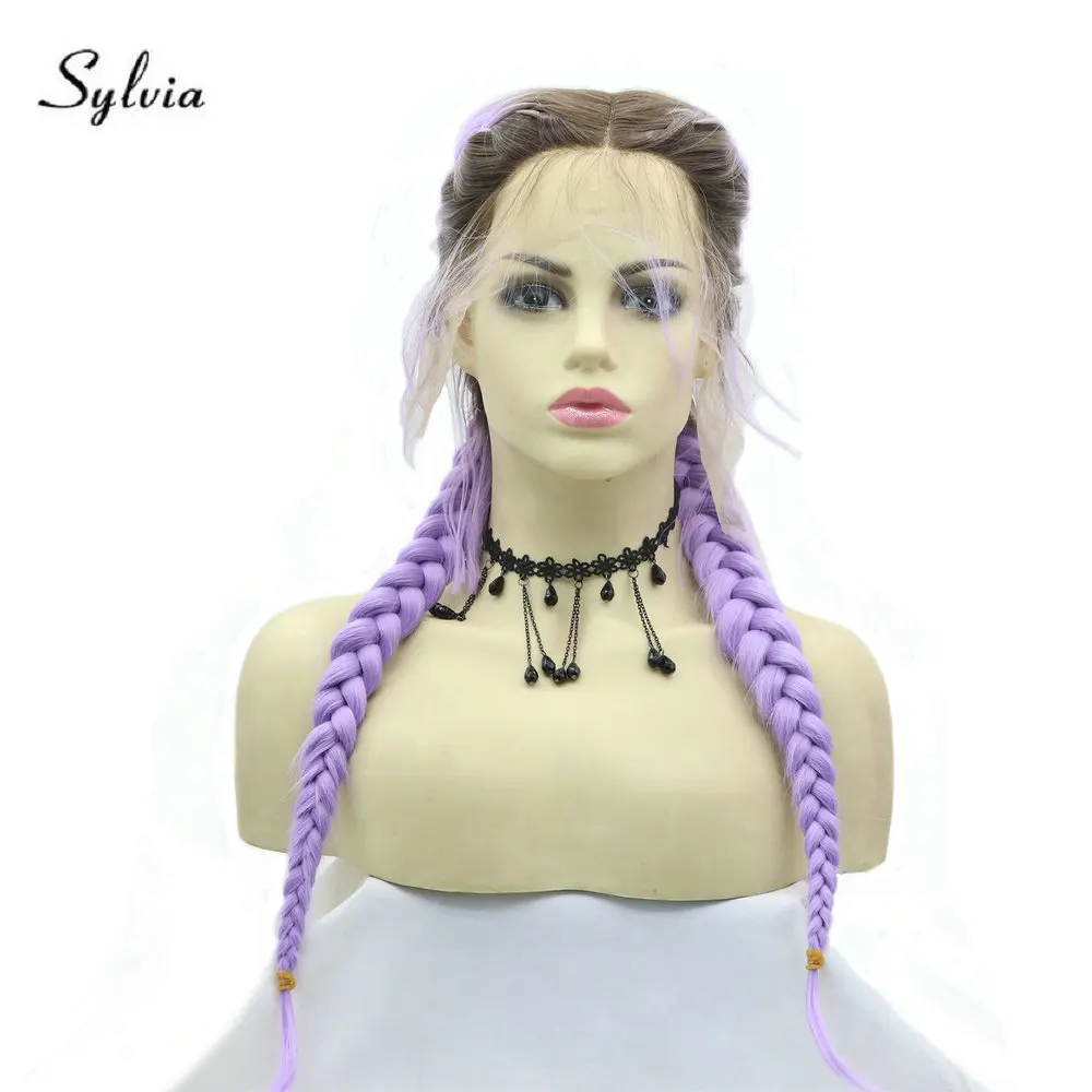 

Sylvia Double Braided Wig with Baby Hair Synthetic Lace Front Wigs for Women Dark Roots Ombre Purple Natural Braid Glueless Hair