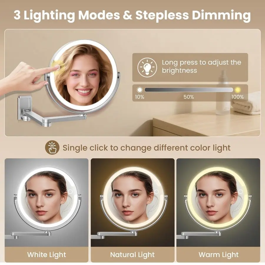 Mounted Makeup Mirror with Lights, 8inch 20X 1X Magnifying Mirror, Rechargeable LED Vanity Mirror with 3 Color Lights, 360 Swive