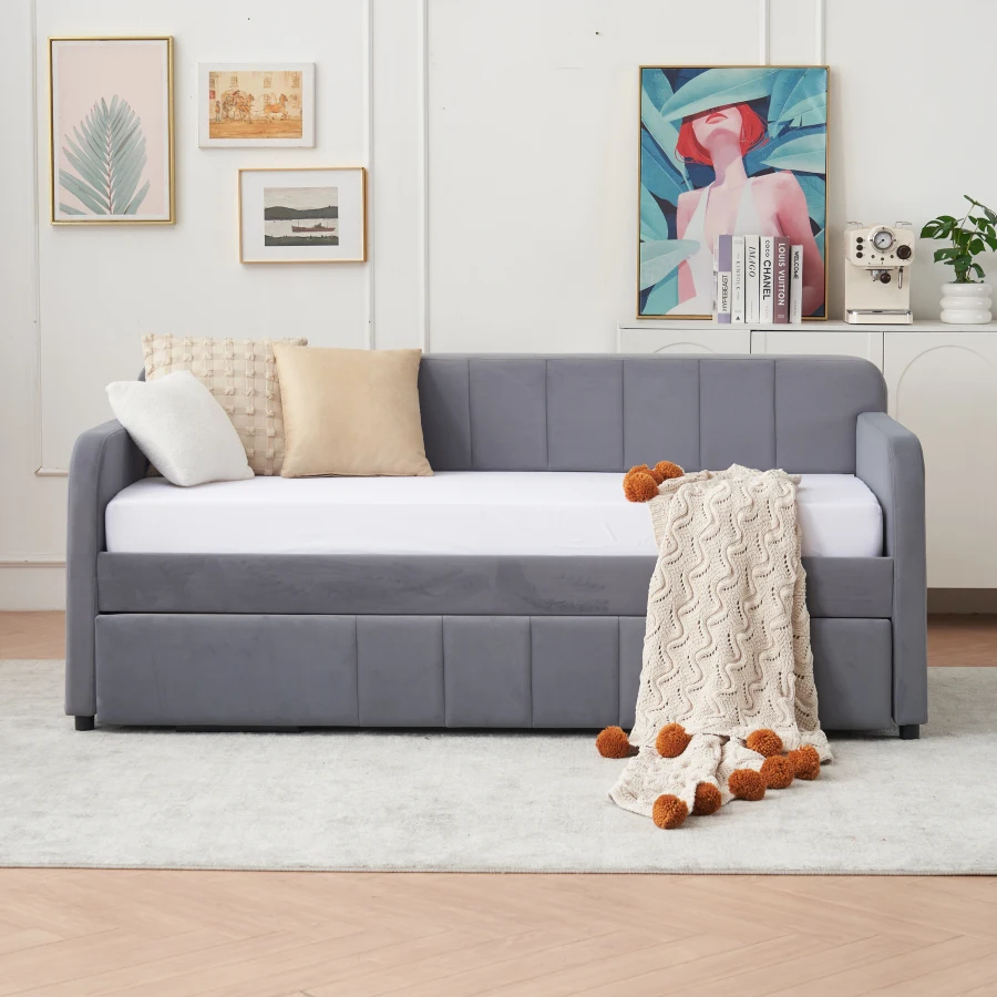 Twin Upholstered Daybed Frame with Trundle, Twin Size Sofa Bed for Bedroom Living Room Guest Room, Wood Slat Support, Grey Matt