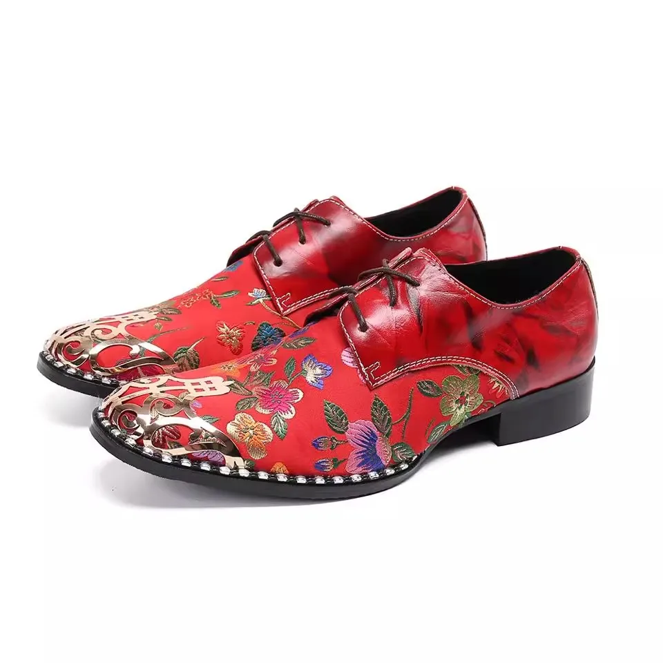 Red Flowers Patchwork Design Men's Shoes Leather Shoes Personality Trend Korean Version Round-Toe Banquet Leather Wedding Shoes